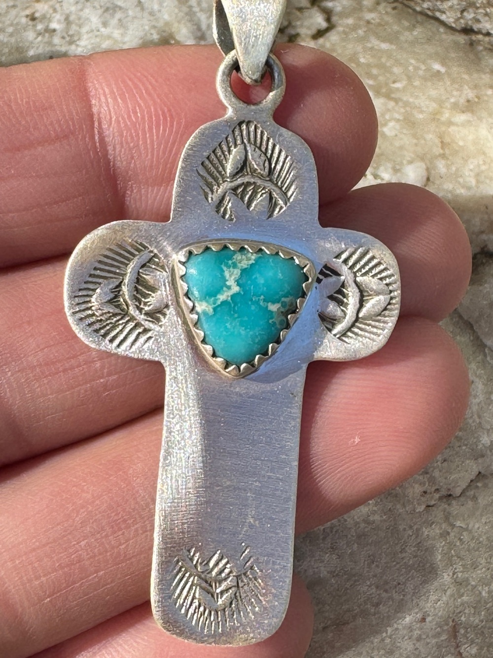 Turquoise Cross Pendant Silver Tone Southwestern Style
